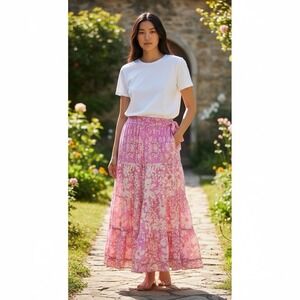 LOVE THE LABEL Size XS Pink Floral Linen Blend True Wrap Tiered Maxi Skirt Tie